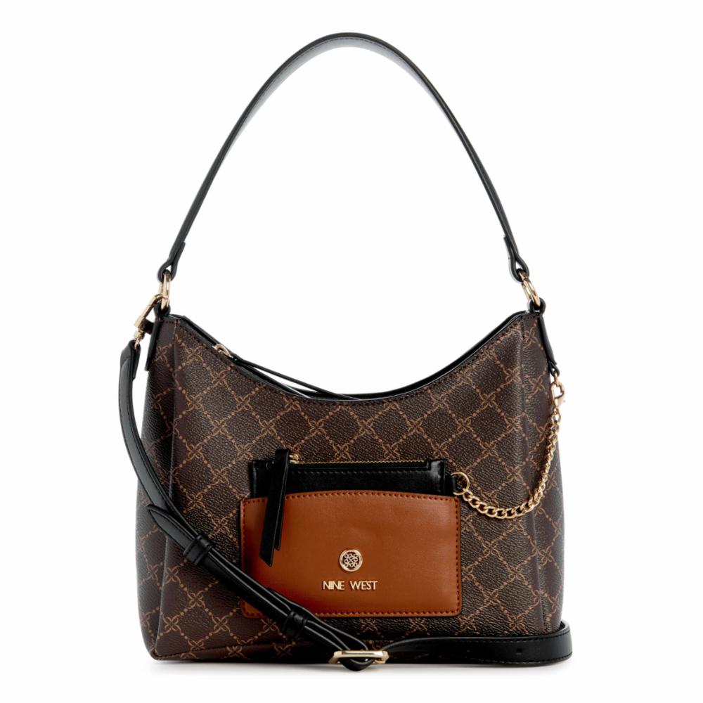 Nine West Handbags MAVERICK TOP ZIP SHOULDER BAG BROWN BLACK