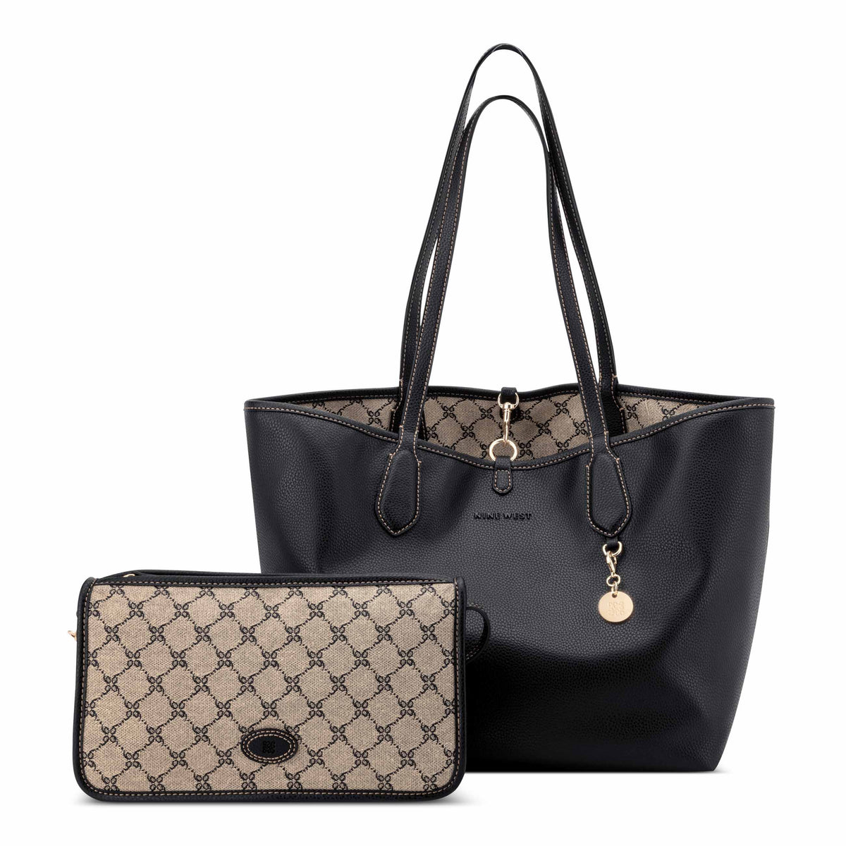 NINE WEST HANDBAGS EMERICK REVERISBLE TOTE NATURAL LOGO/BLACK