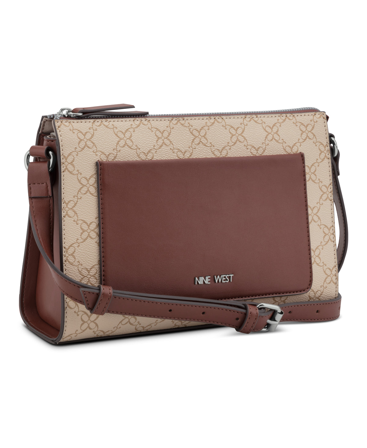 NINE WEST HANDBAGS BRENNAN TOP ZIP CROSSBODY LT KHAKI/CHESTNUT