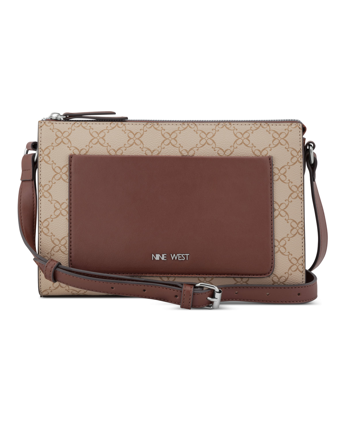 NINE WEST HANDBAGS BRENNAN TOP ZIP CROSSBODY LT KHAKI/CHESTNUT
