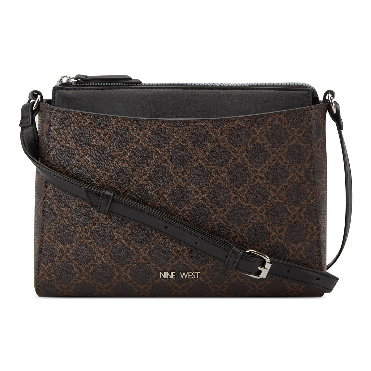 Nine West Handbags BOWIE MINI TOP ZIP CROSSBODY BROWN LOGO/BLACK
